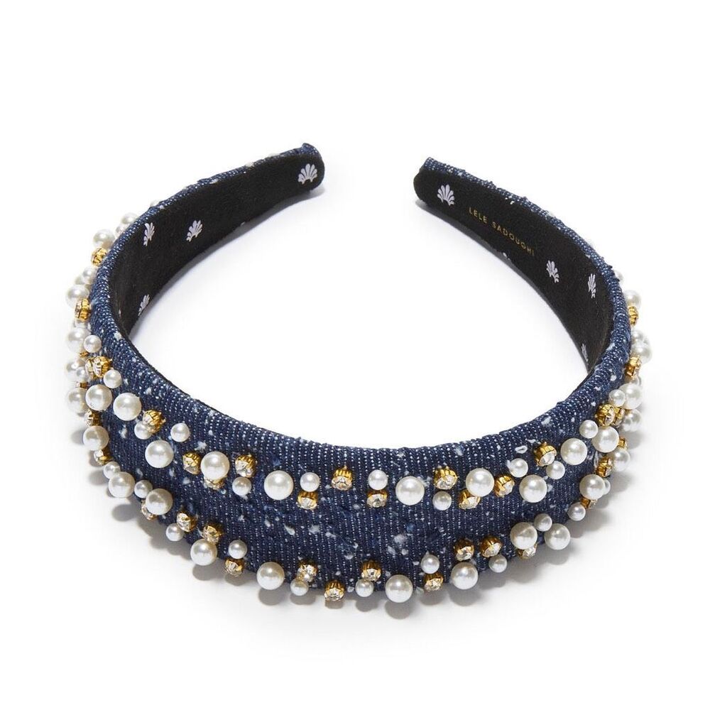 Lele Sadoughi Denim Dobby 1” Cher Faux Pearl Cotton Sprinkle Headband OS - Picture 2 of 5